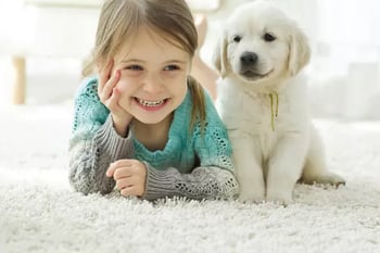 Girl and Dog on White Carpet
