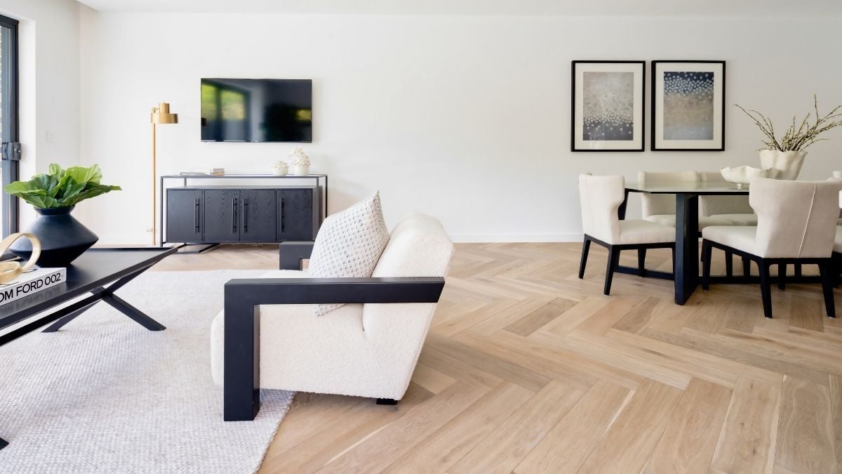 Herringbone timber floor in living and dining room
