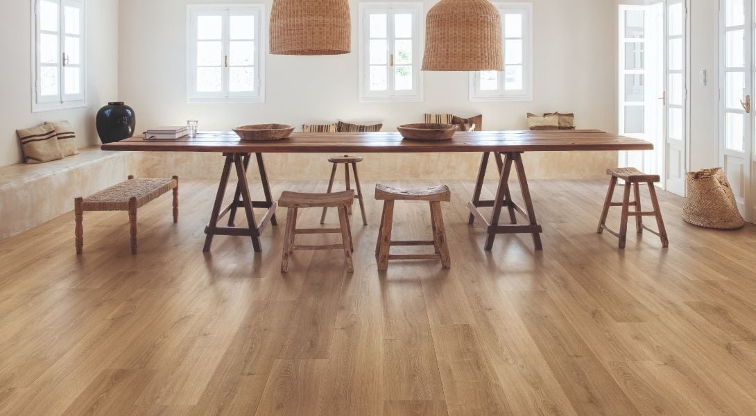 Laminate Flooring in Dining room with Wooden furniture