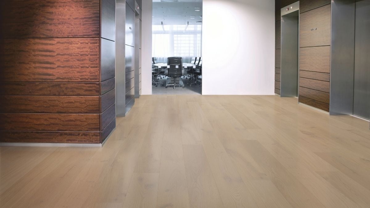 Matte Timber Floor in office building with elevators