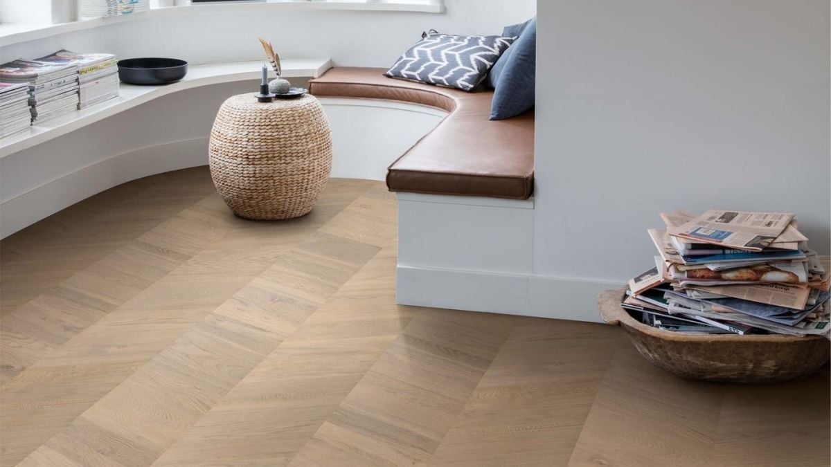 Modern AUstralian home interior with Cheveron timber flooring