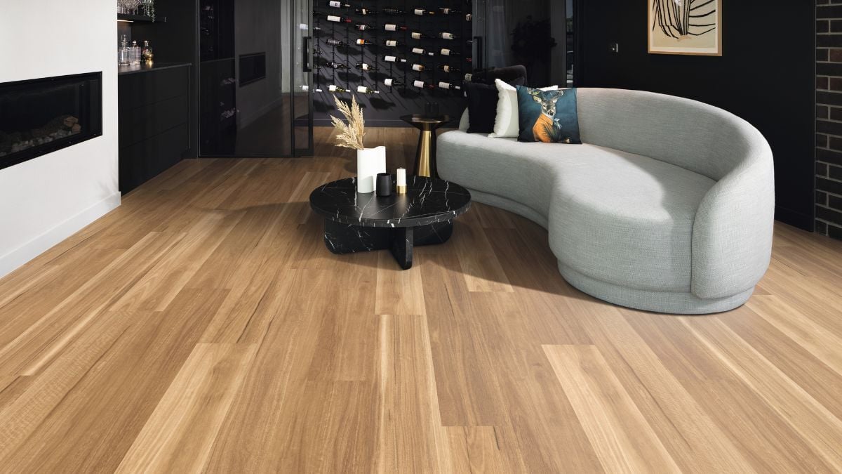 Vinyl Flooring in Modern Living Room with Grey Couch