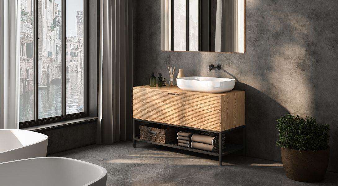 minimalist bathroom interior, concrete floor and wall, bathroom cabinet, bathtub. 3d Rendering