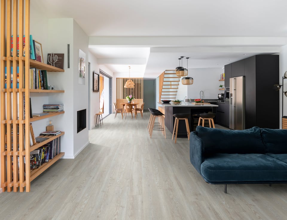 Vinyl Flooring Kitchen and Living Room wide shot modern living